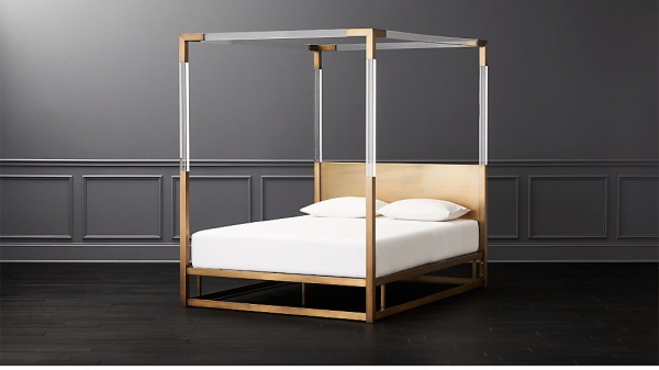 Queen Bed, Acrylic, Gold and White Faux Leather